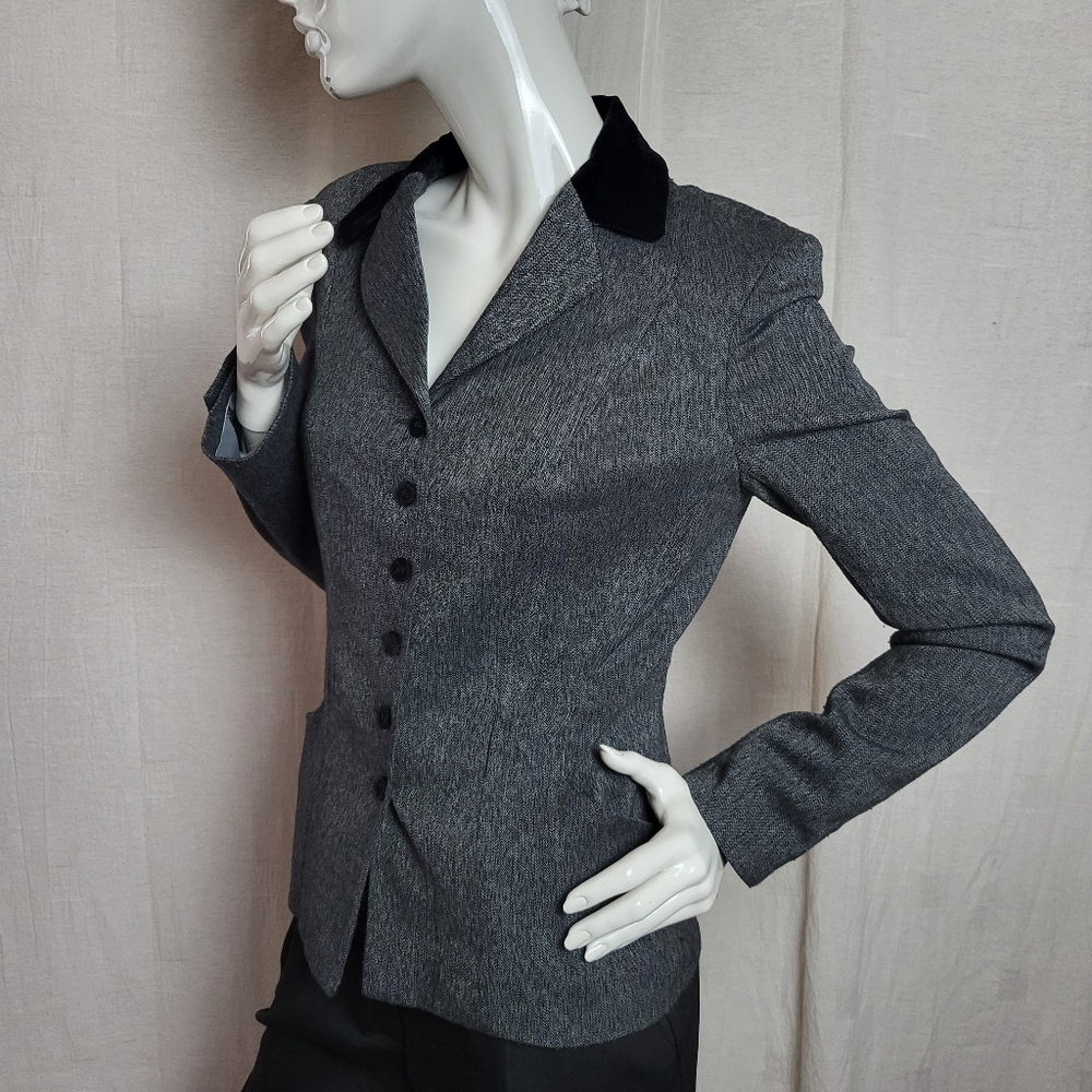 Suzy Shier Women's US4 Blazer Gray Black Velvet Panel Button Front Tailored Fit - Picture 4 of 16
